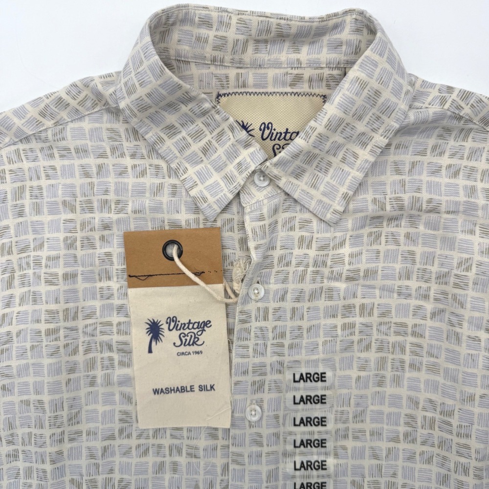 Vintage Silk Shirt Men Large Light Blue SR5545HP Short Sleeve Washable Silk Grid